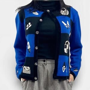 Vintage Royal Blue Patchwork Colorblock Chunky Cardigan Sweater Sz L